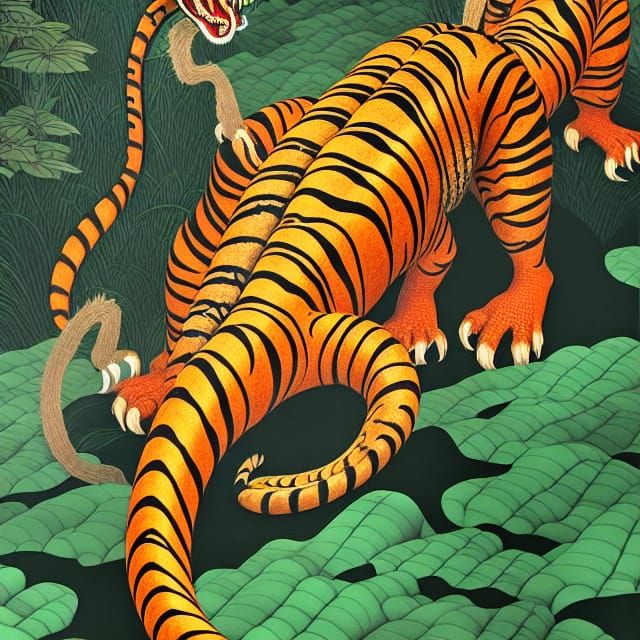 Hyperrealistic Dragon-Tiger in Ink Painting Style