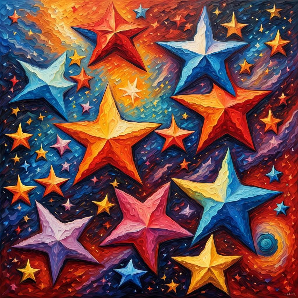 Cosmic Musical Stars in Impasto Oil Paint Style