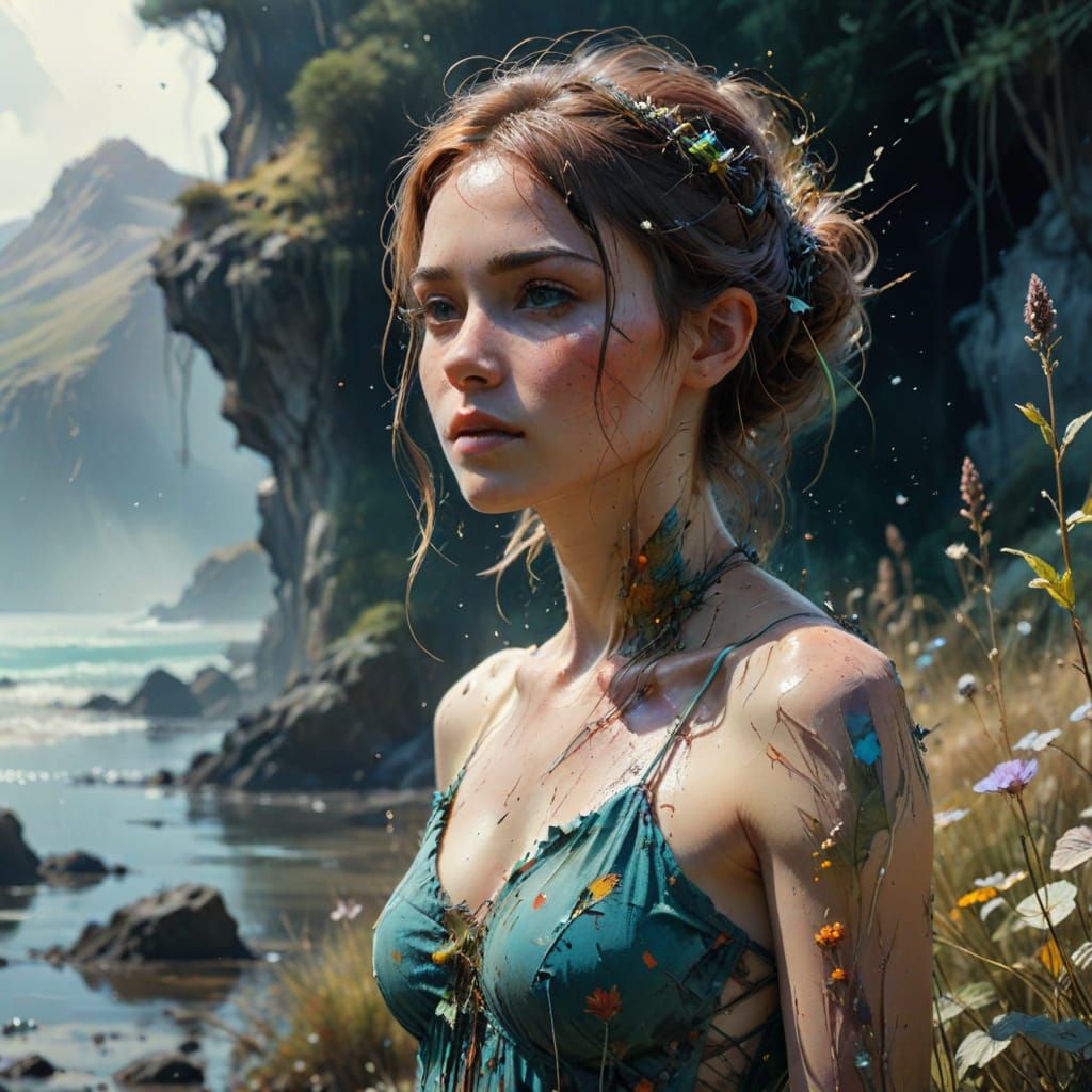 Ethereal Landscape with Lone Figure in Watercolour Style