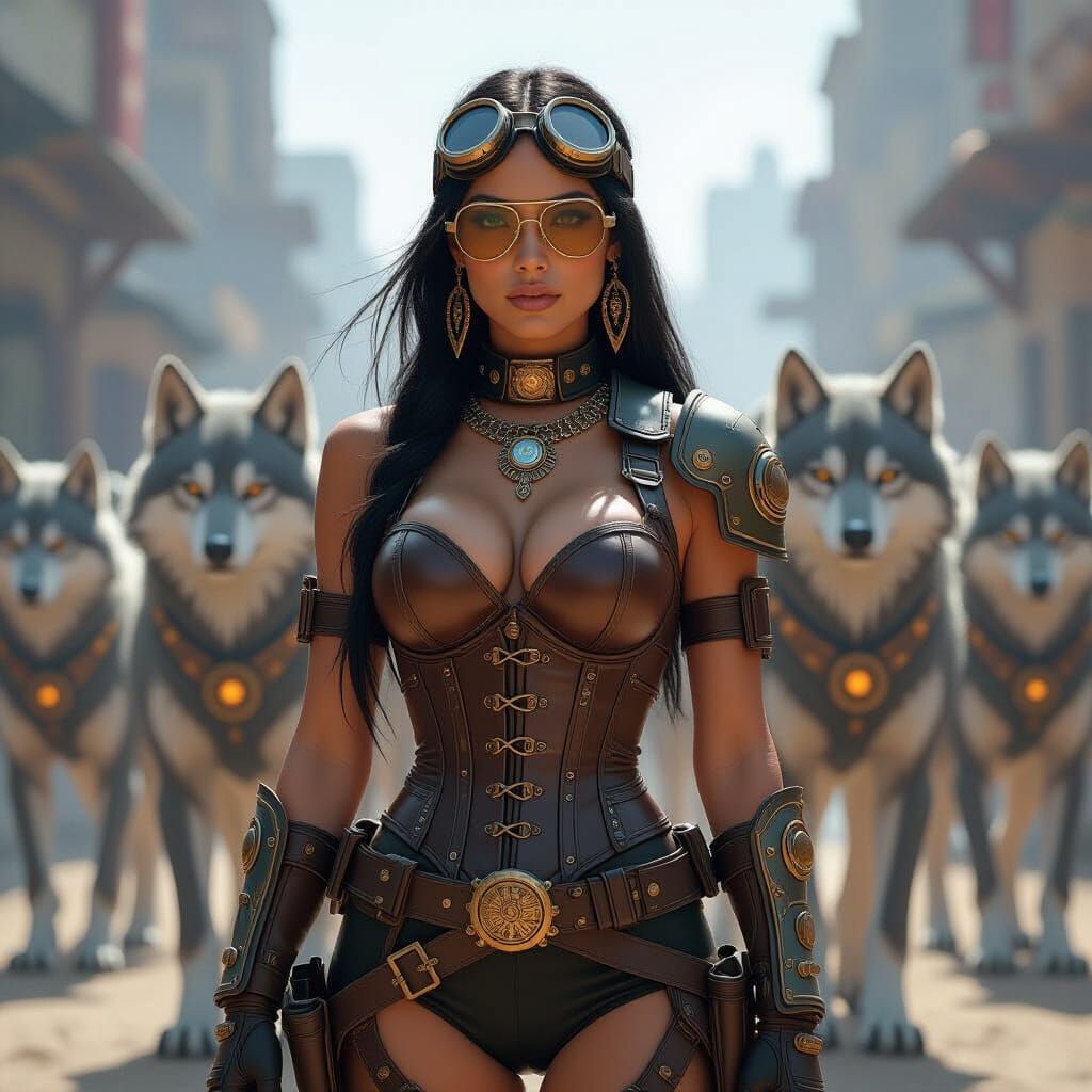 Steampunk Native American Woman Leading Robotic Wolves