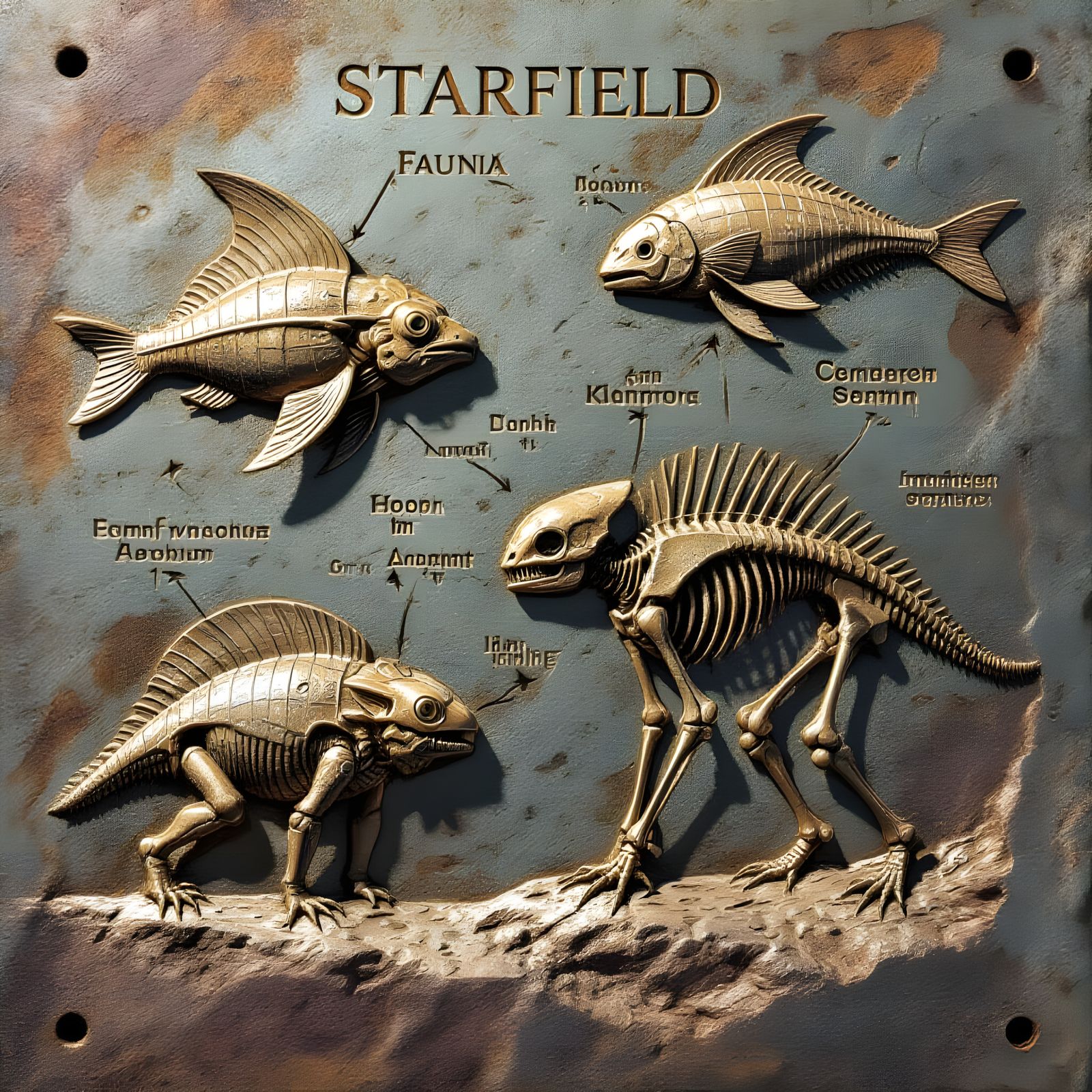 Starfield Fauna Diagram on Chiseled Metal Sheet