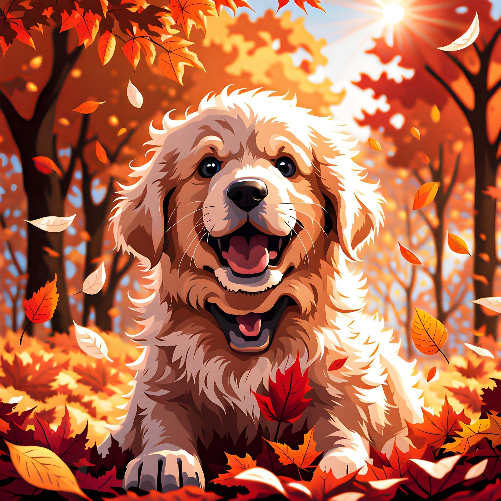 Golden Retriever Puppy Leaping in Autumn Leaves