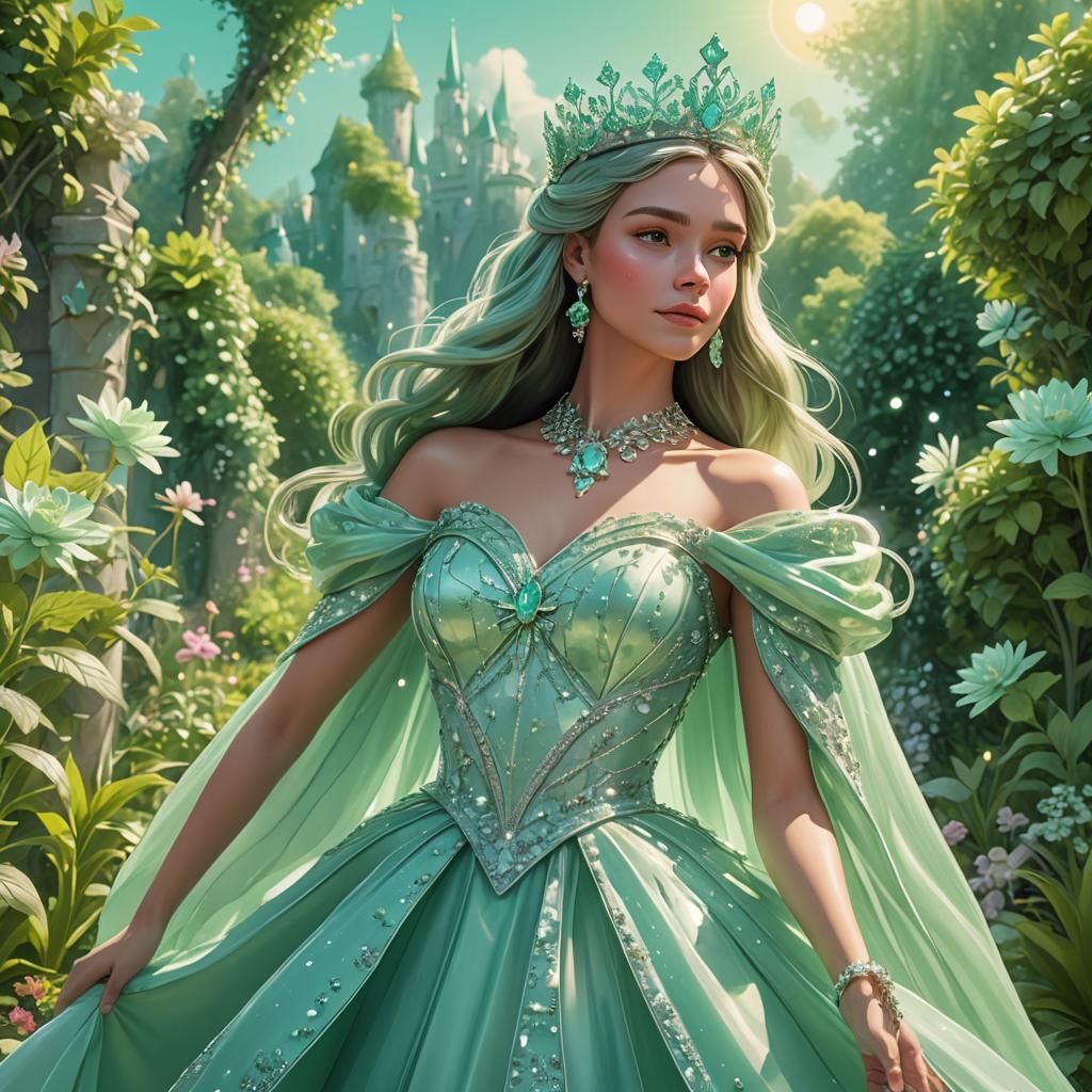 Mint Green Princess in Lush Garden as 3D Art