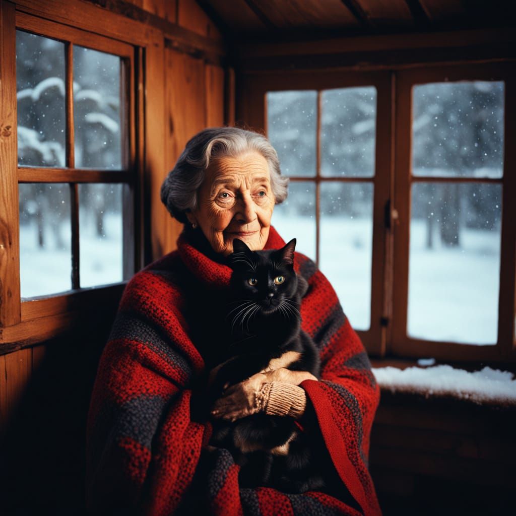 Cozy Cabin Scene: Grandmother and Black Cat in Americana Sty...