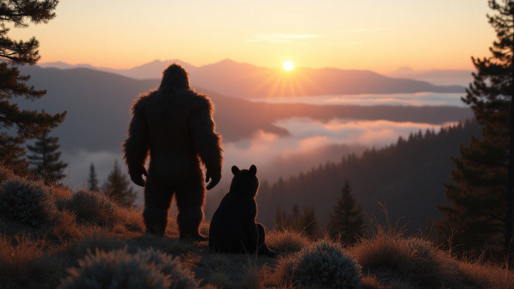 Bigfoot and Bear Friendship in Sierra Sunset