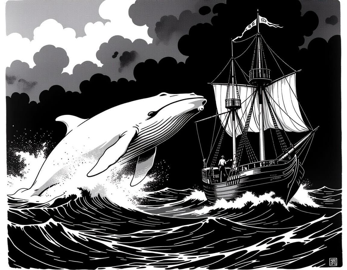 White Whale Attacks Whaling Ship in Dramatic Etching Style