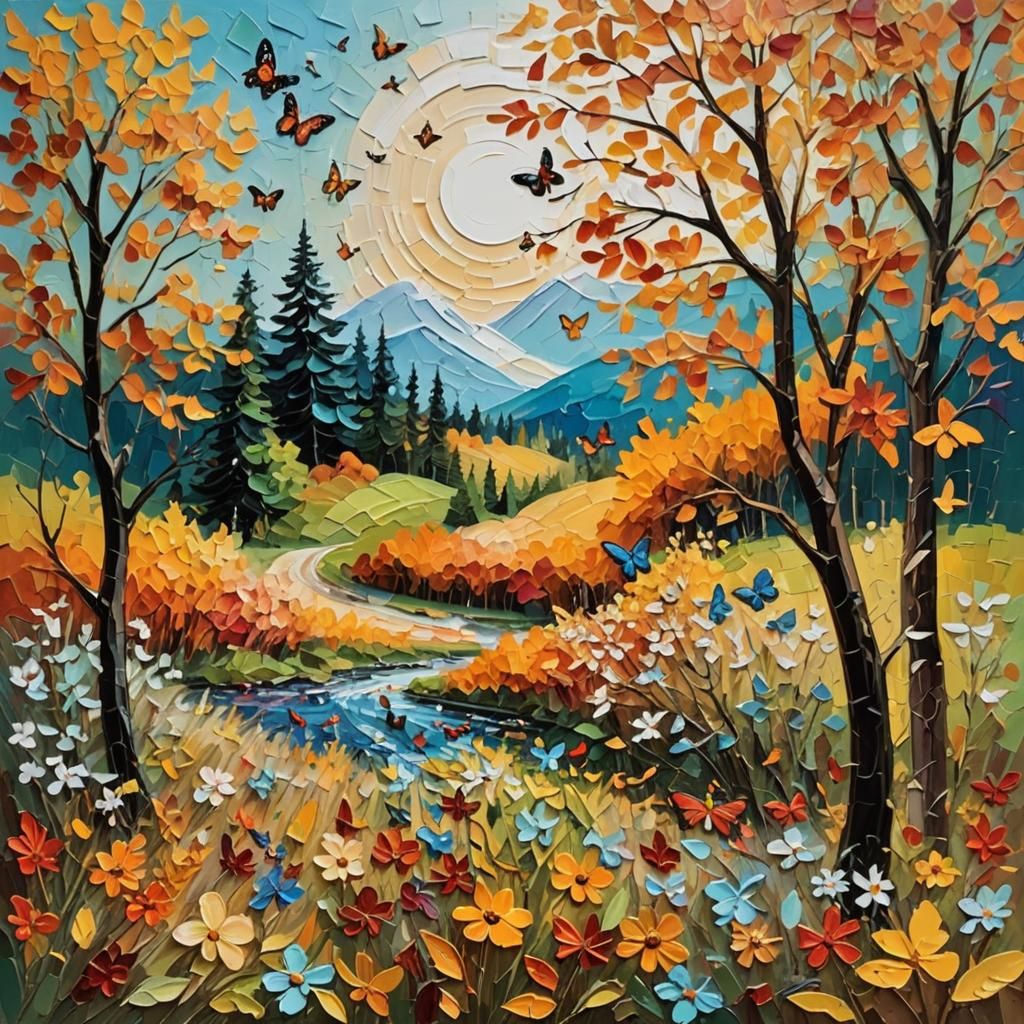 Autumnal Landscape Impasto Painting with Flowers and Wildlif...