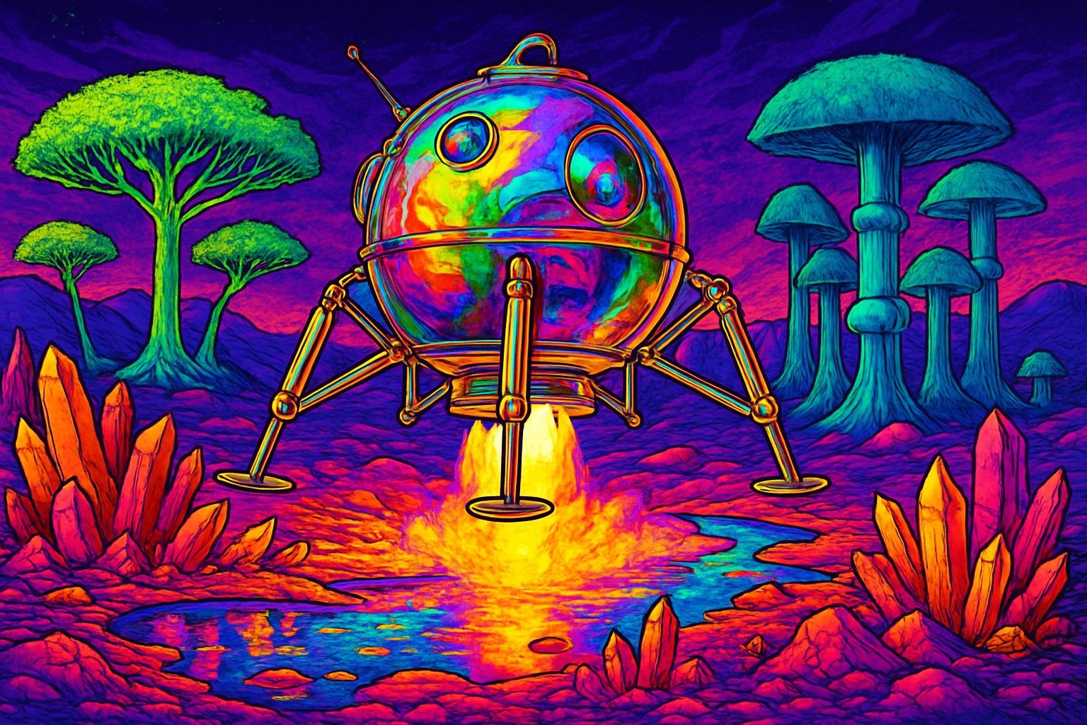 Psychedelic Lunar Lander on Alien World