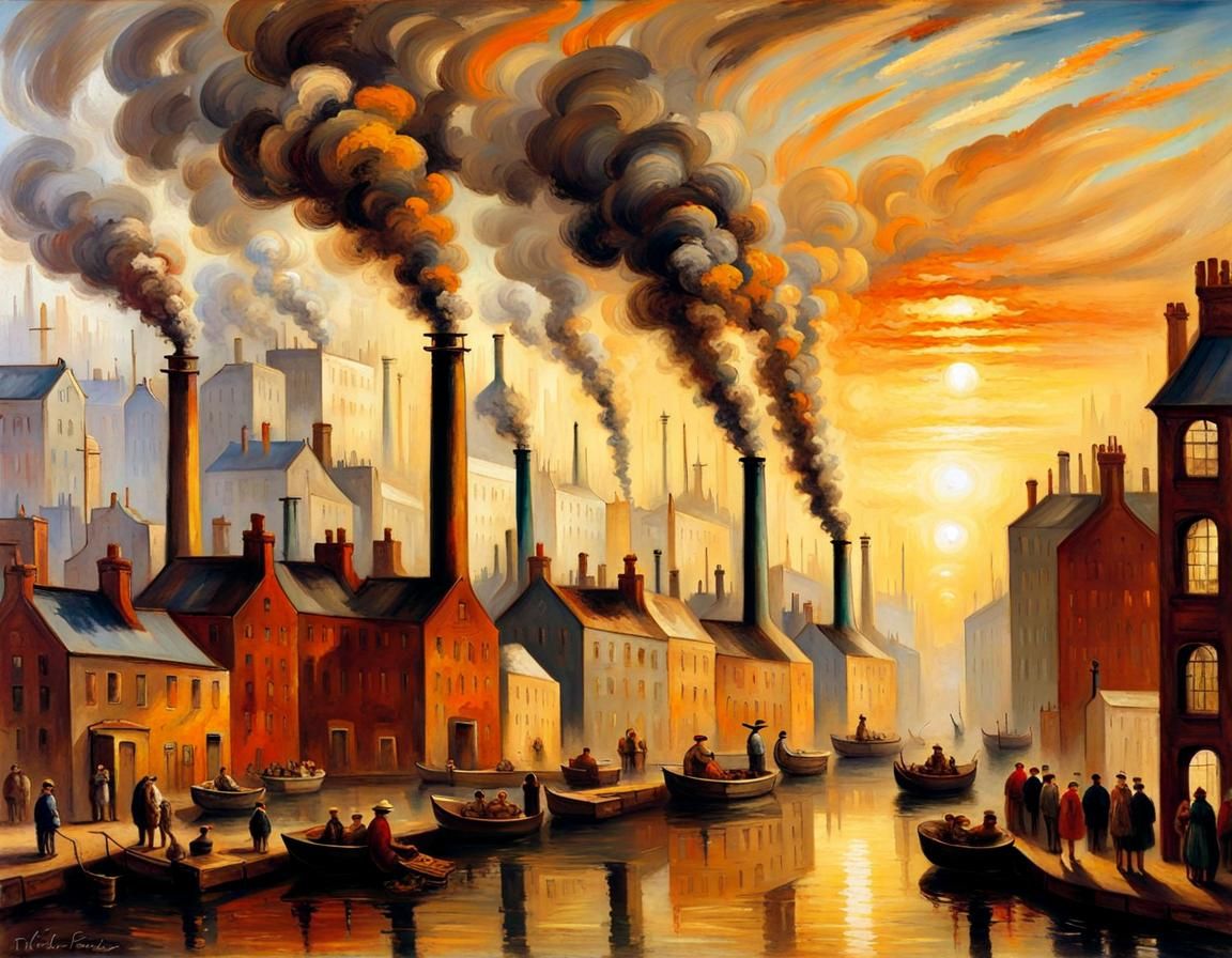 Victorian Factories in a Colorful Oil Painting