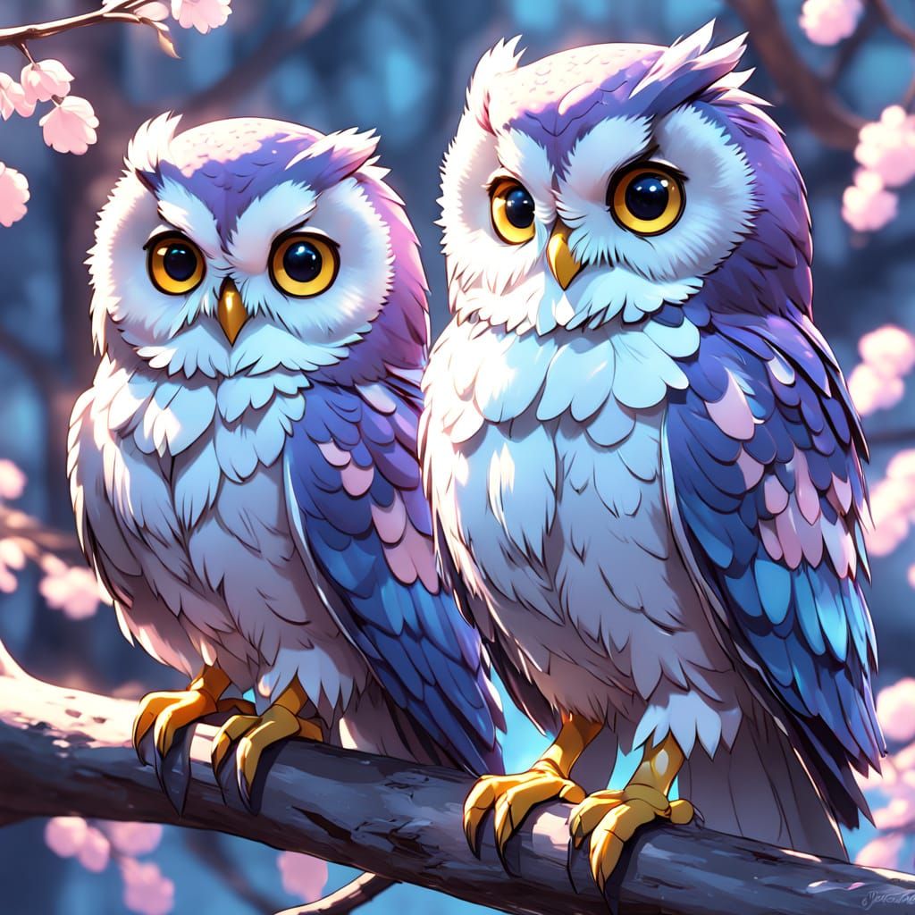 Cute Owls in Pastel Hues, Anime-Inspired Concept Art