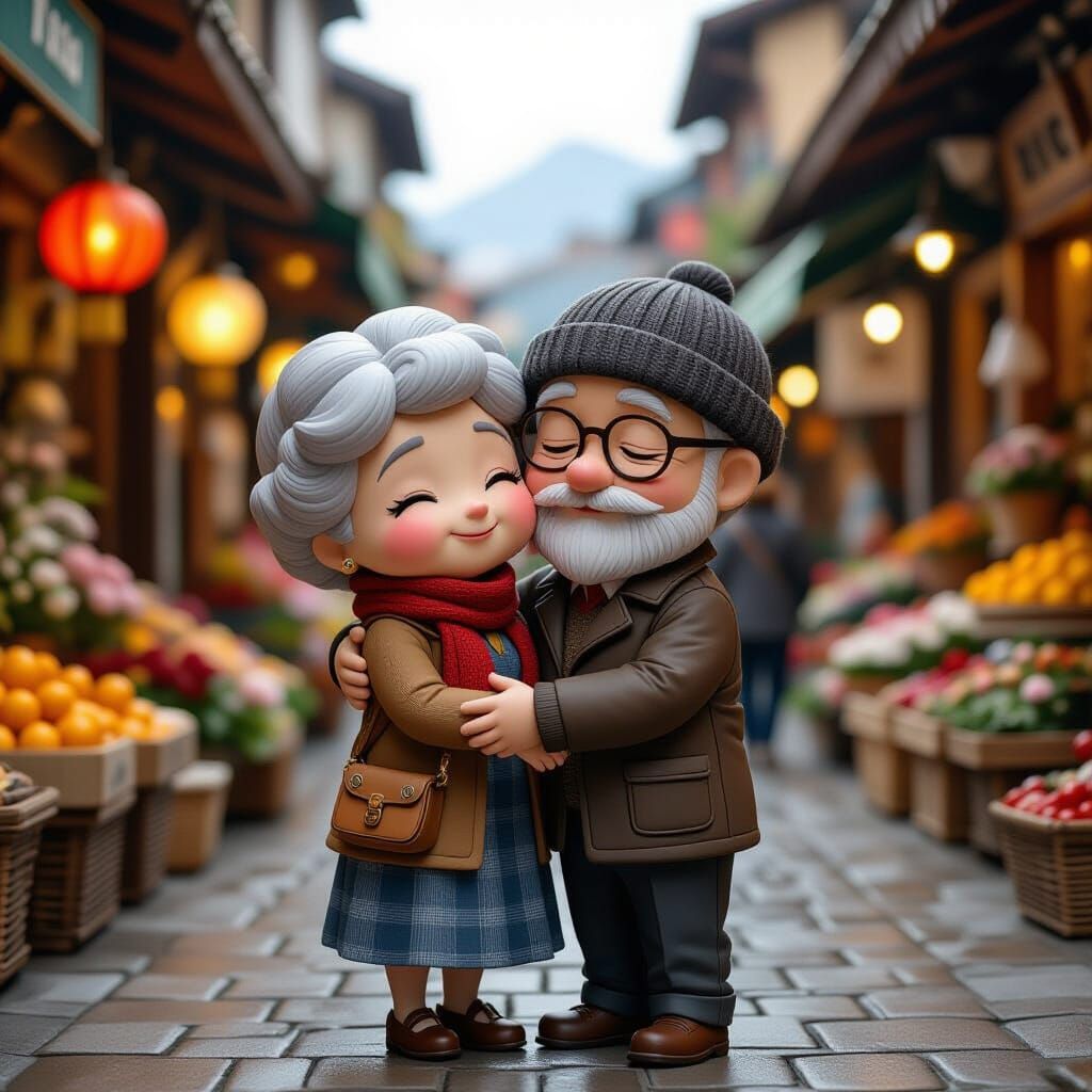 Chibi Elderly Couple Hugging in a Marketplace