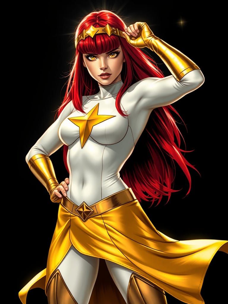 Dramatic Superheroine with Radiant Red Hair and Celestial Em...