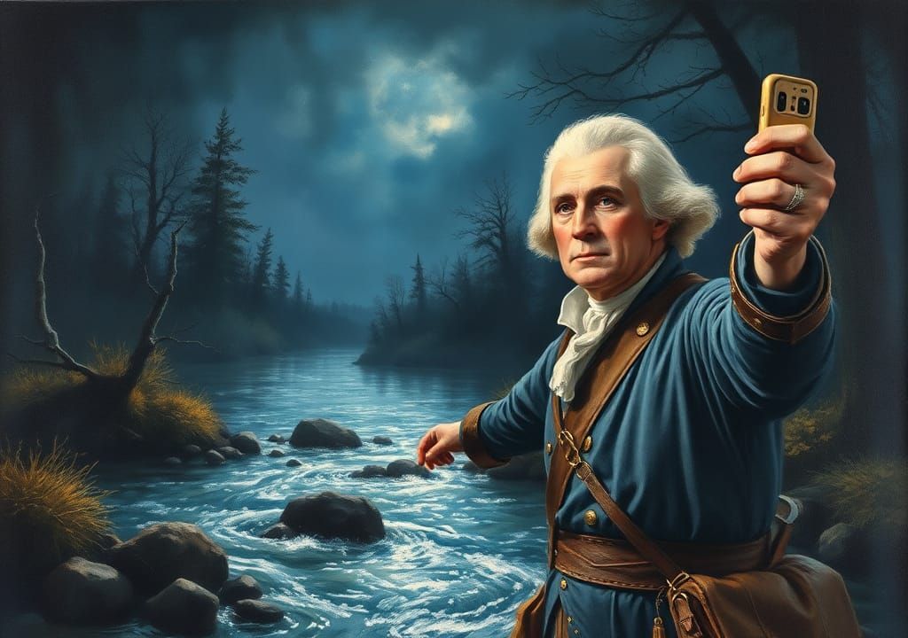 George Washington taking a selfie while crossing Delaware Ri...