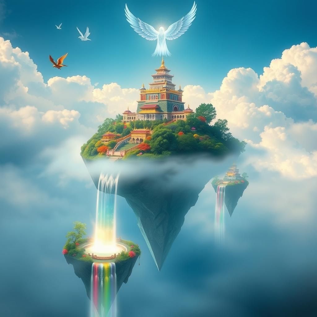 Ethereal Sky Islands with Crystal Waterfalls and Angels