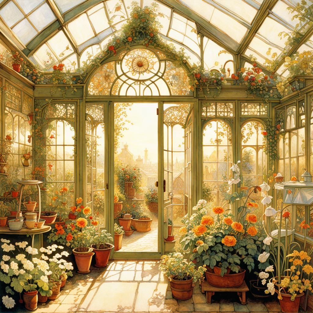 Ornate Greenhouse in Sunlight, Detailed Illustration