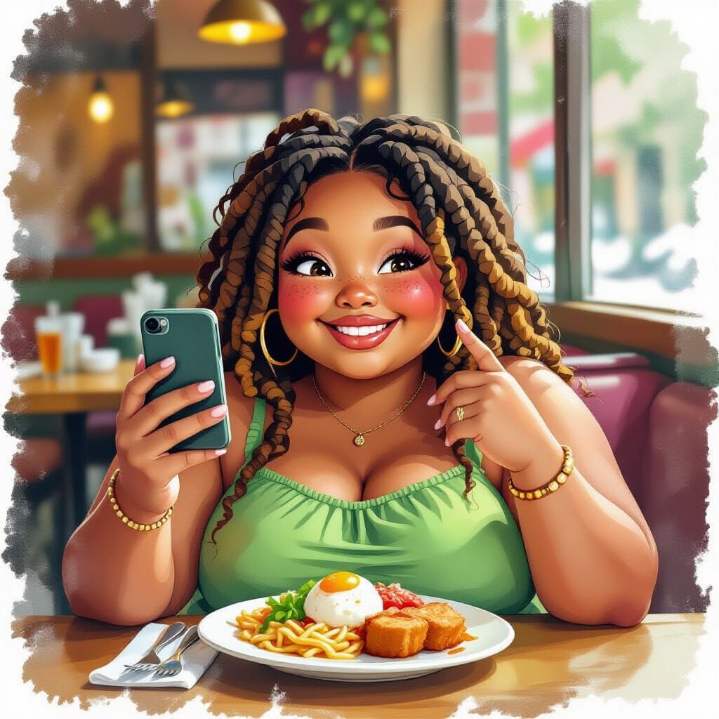 Girl with Smartphone in Watercolor Painting Style