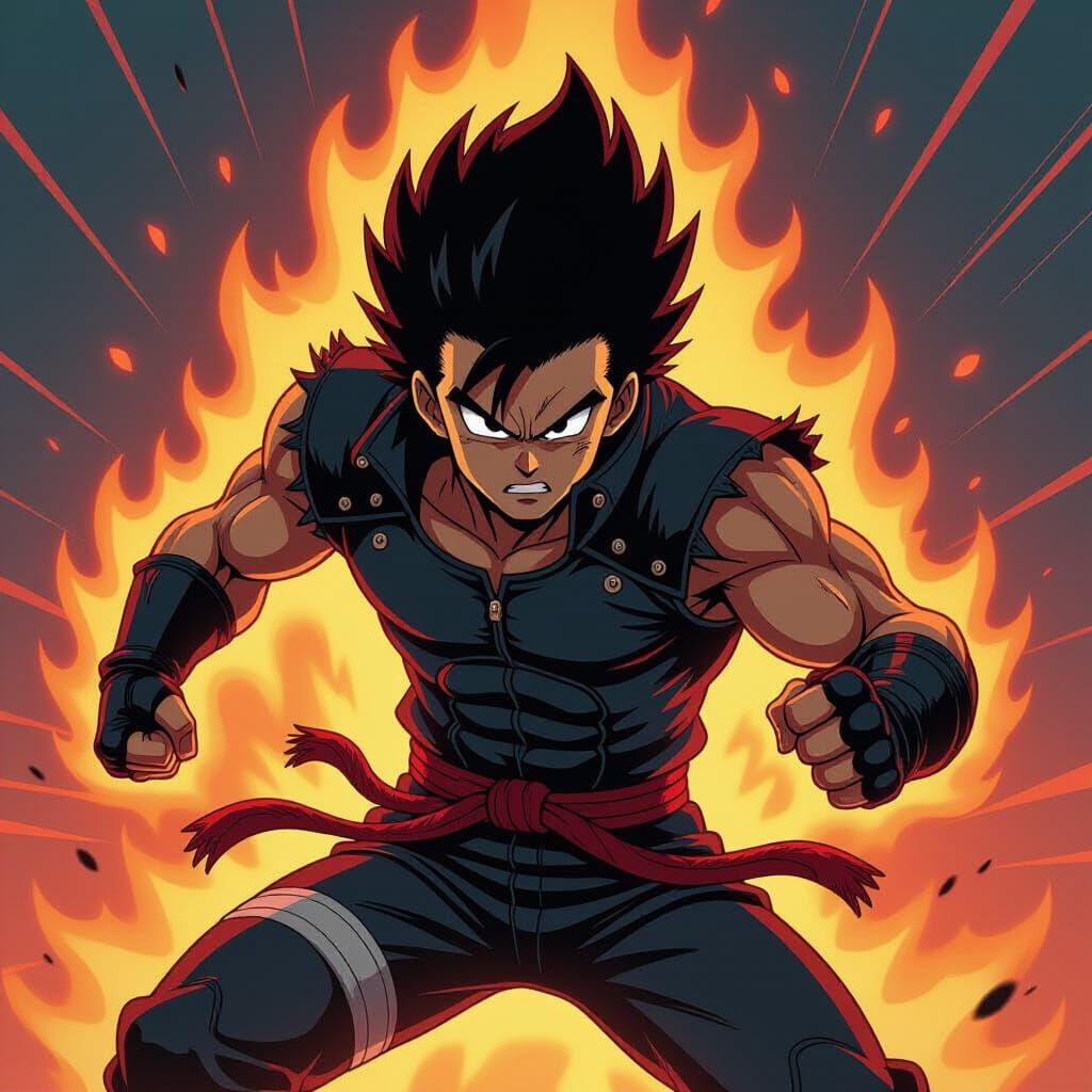 Energetic Anime Hero in Action Pose with Fire Aura