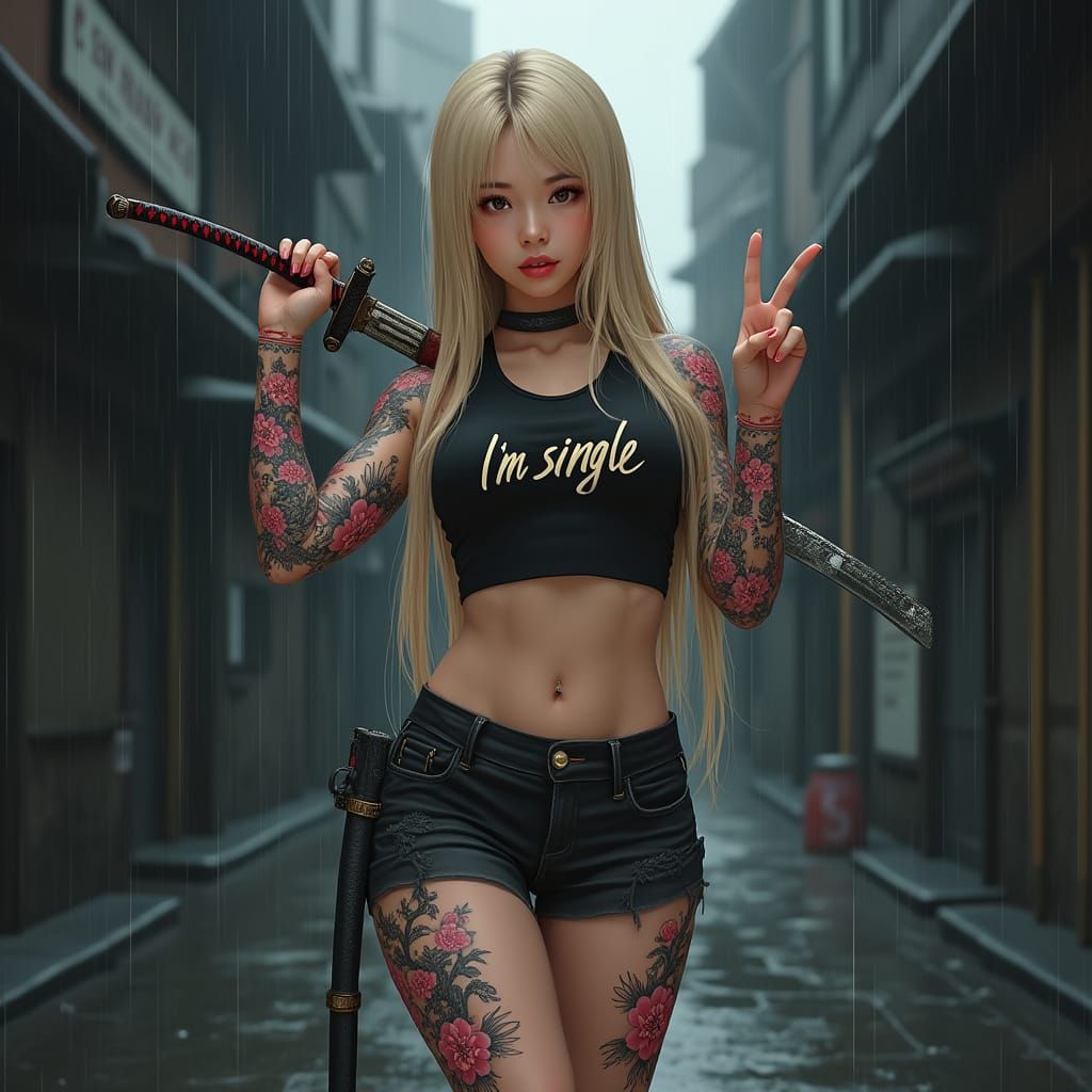 Glowing Asian Goddess with Vibrant Tattoos and Katana in Rai...