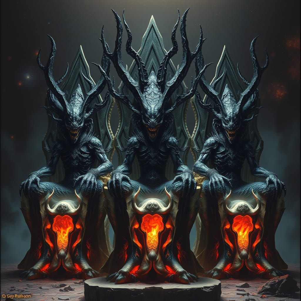 Demonic Shape-shifters on Star Thrones in Dark Surrealism