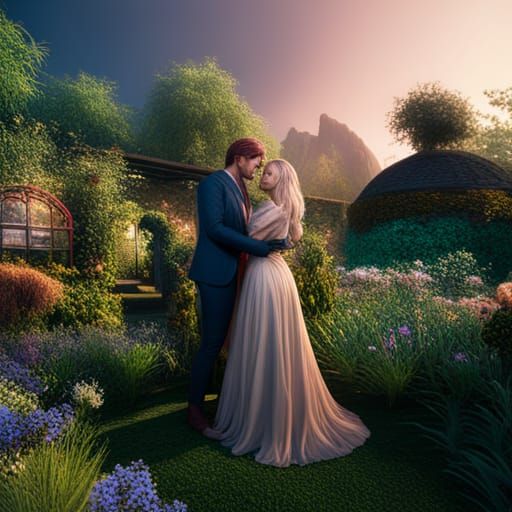 Beautiful Couple in Garden: Detailed Matte Painting