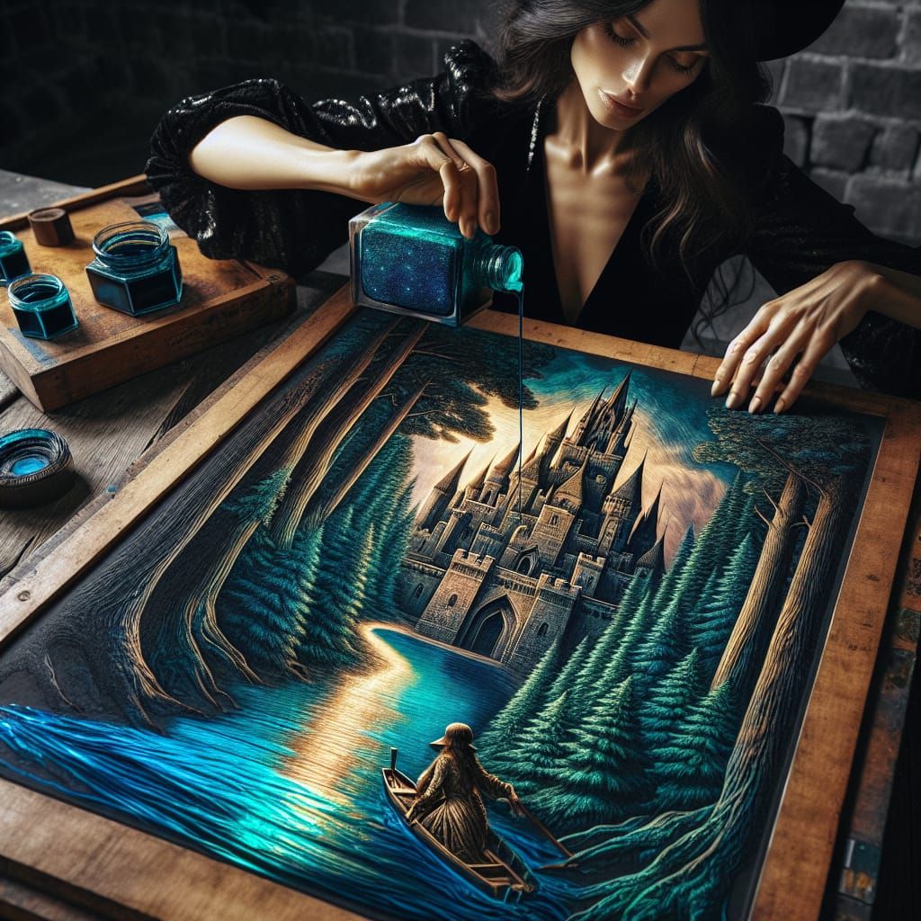 Woman Creates Medieval Castle Etching as Romantic Art