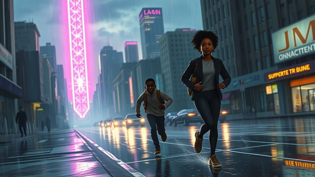 Siblings Chase Cosmic Light Through Cyberpunk Cityscape