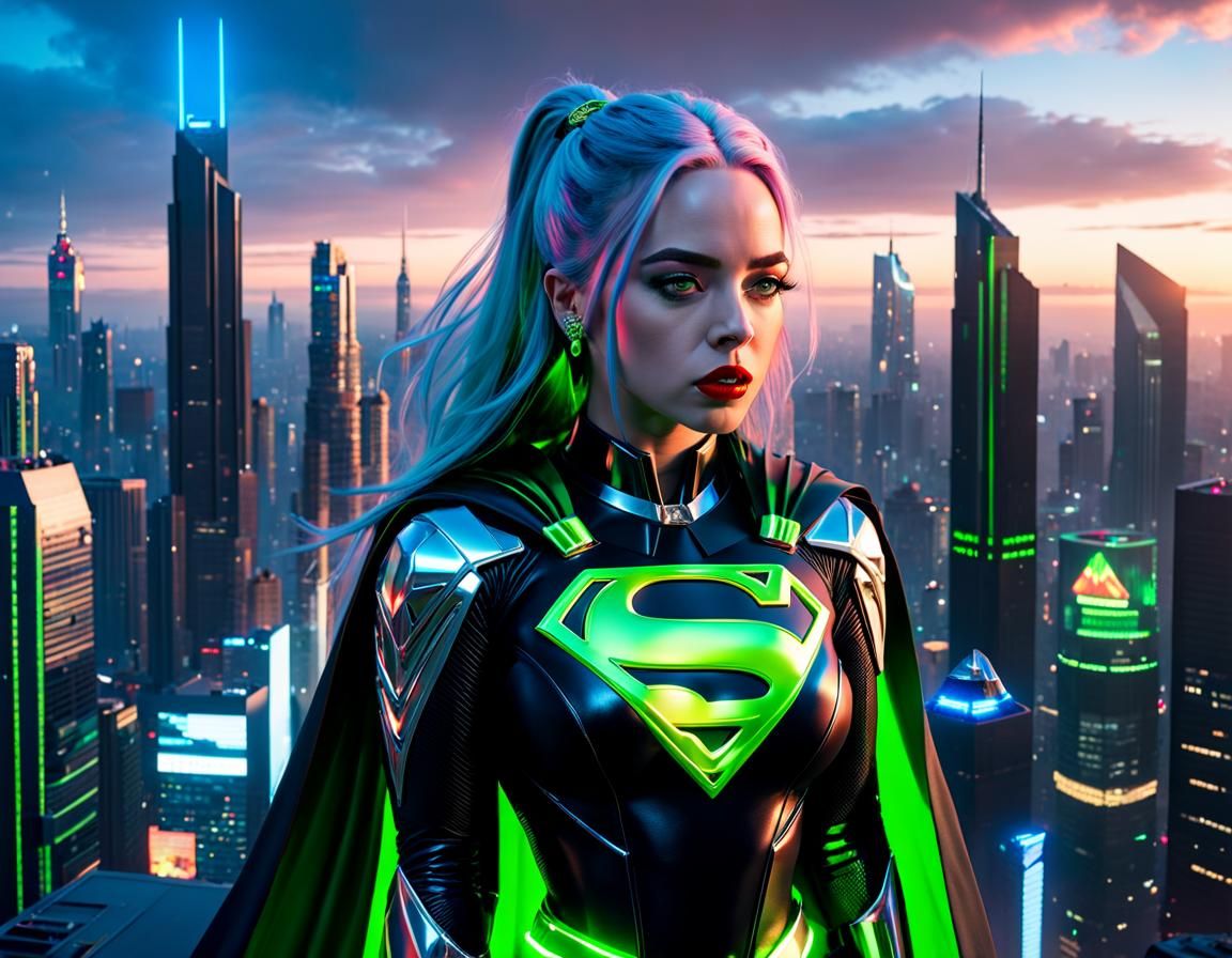 Billie Eilish as Supergirl in Cyberpunk Cityscape