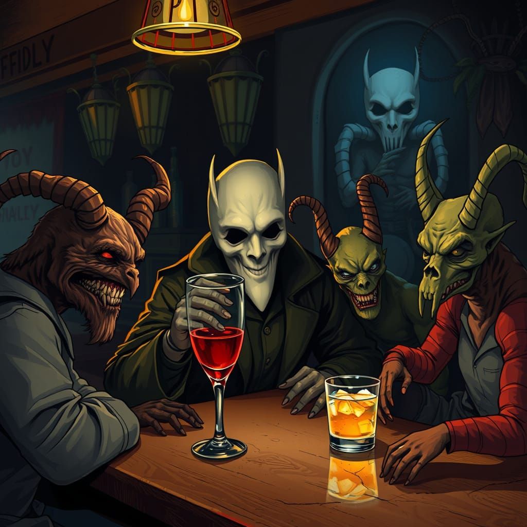 Mysterious Patron Sips Late Night in Enchanted Tavern