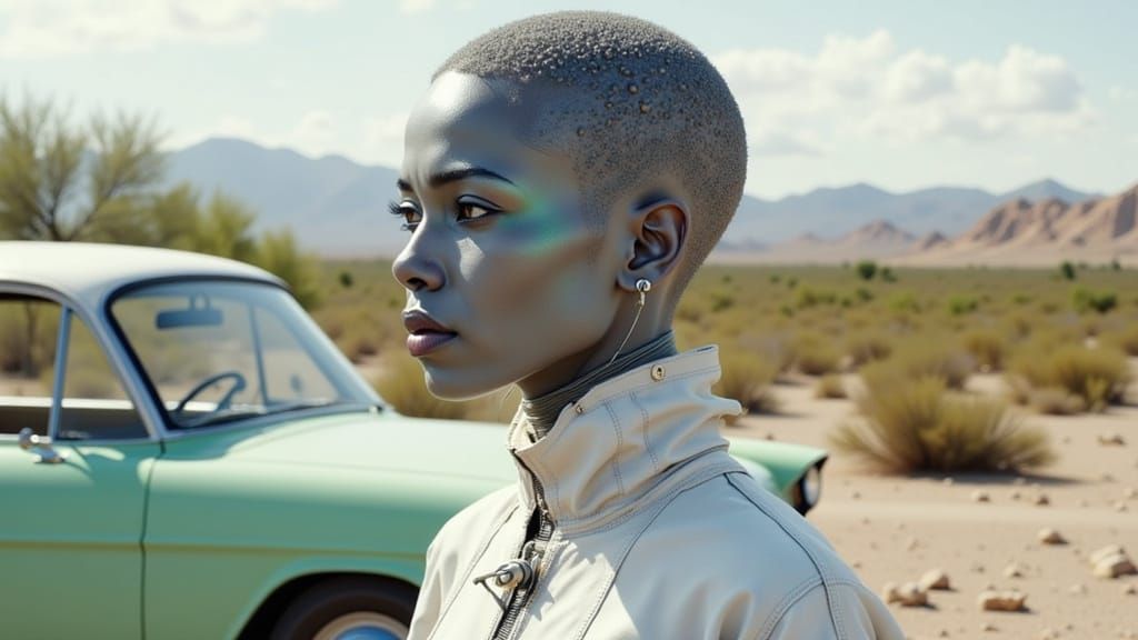 Portrait of Grey Skinned Person in White Jumpsuit