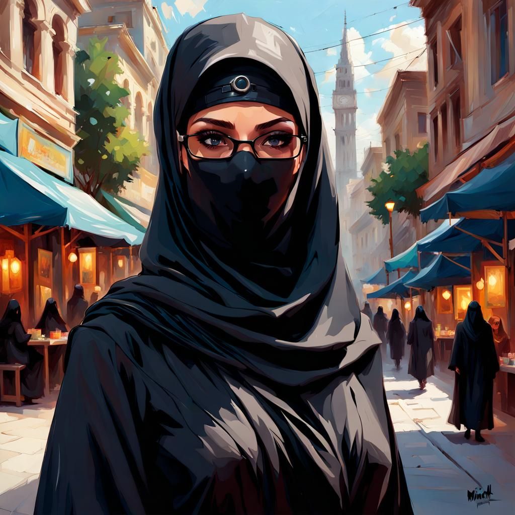 Beautiful Niqabi Woman in City, Oil-Guache-Melting Style