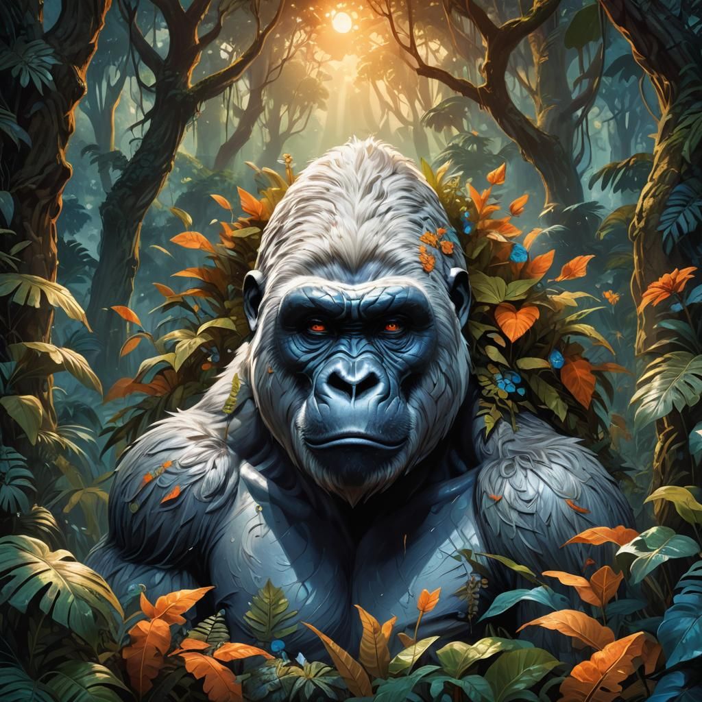 Mystical White Gorilla in Fantasy Jungle