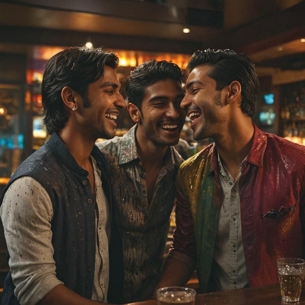 Two Men Embrace in a Modern Bar: Splash Art