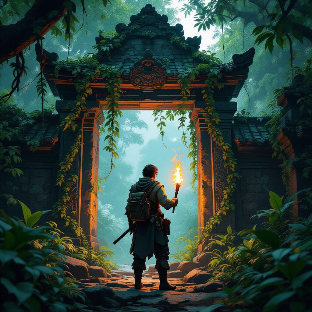 Rainforest Temple Entrance with Adventurer, Fantasy Realism