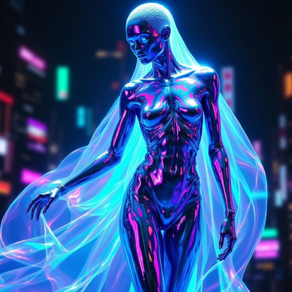 Ethereal Alien in Icy Blue Metallic Fashion