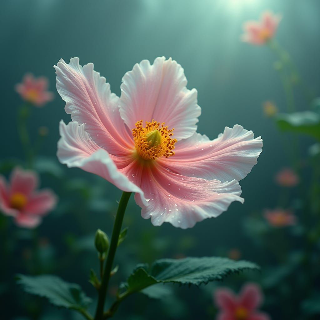 Rain-Kissed Flower in Vibrant Futuristic Garden