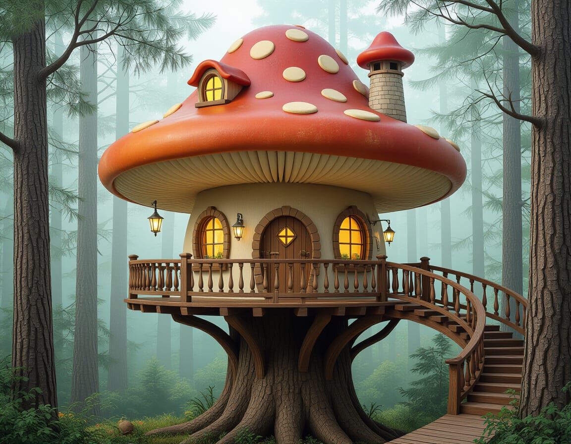 Enchanting Mushroom Treehouse in Forest Setting