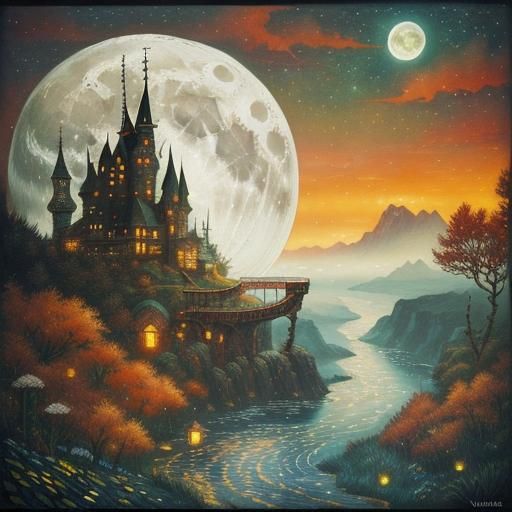 Mythological Dreamscape in Patchwork Acrylic Style