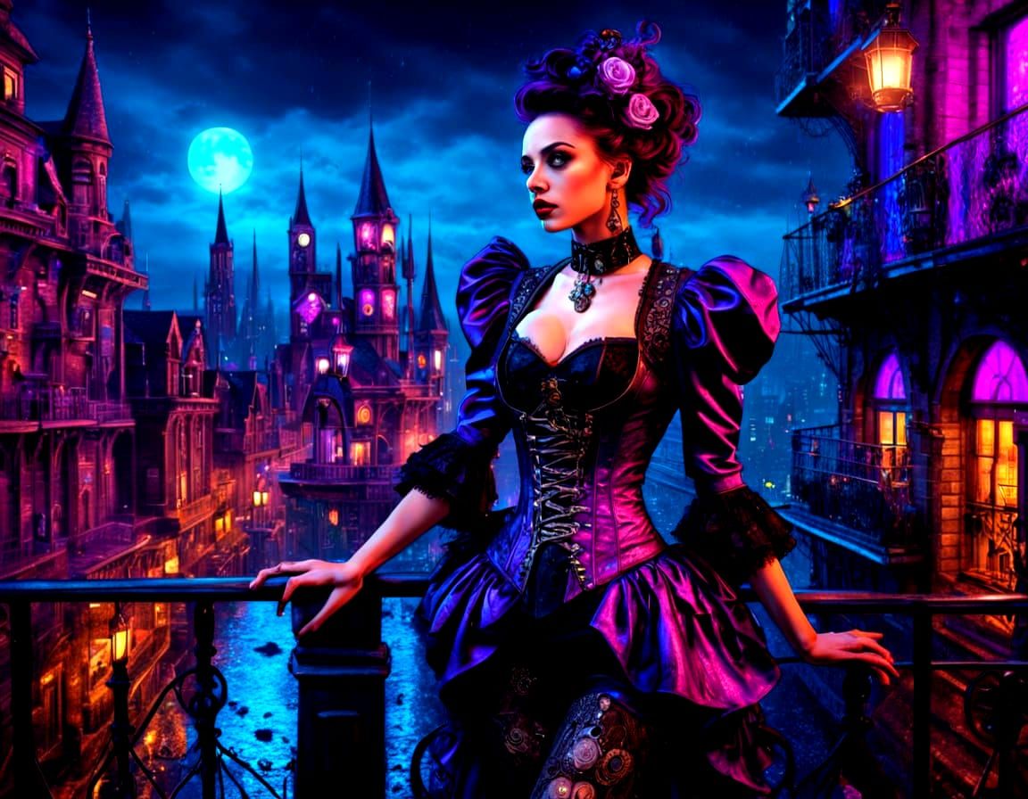 Gothic Woman Overlooking Steampunk City in Neon Lights