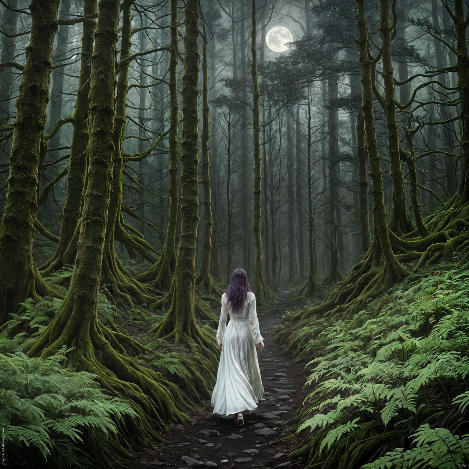 Lush Forest Path Under Full Moon