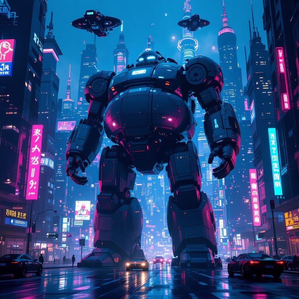 Futuristic Cityscape with Giant Robot in Neon Glow