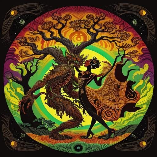 Ents Dancing: Psychedelic Silhouette Illustration