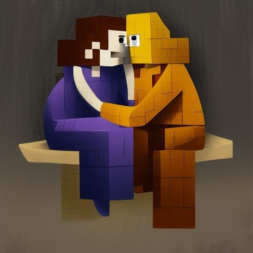 Meditators on Skateboard in Pixelated Cave