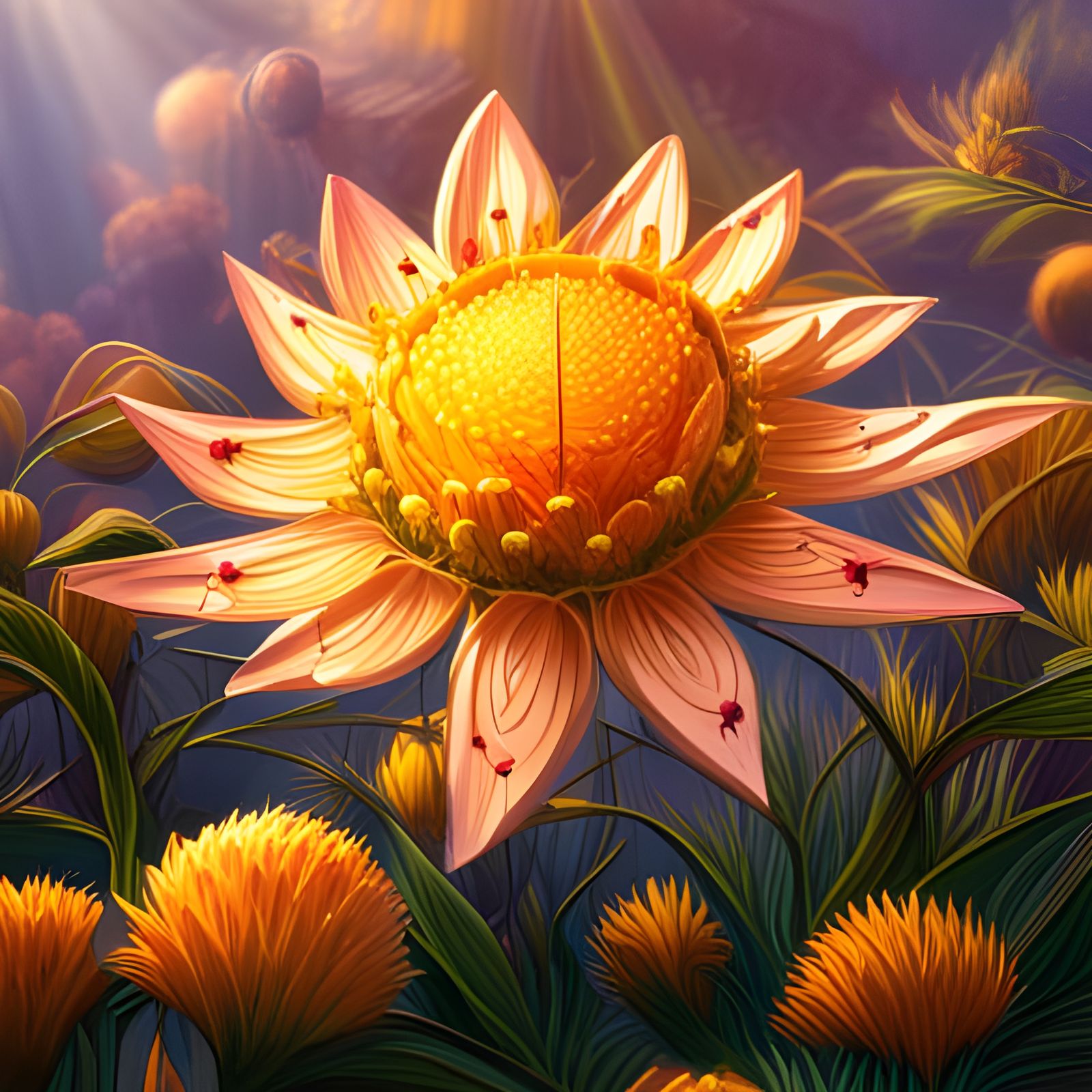 Golden Bees Around a Golden Flower in Concept Art