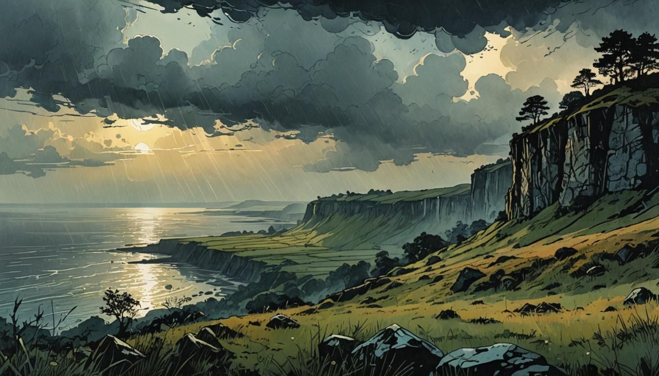 Cliffside Meadow at Dawn: Retro Fantasy Illustration