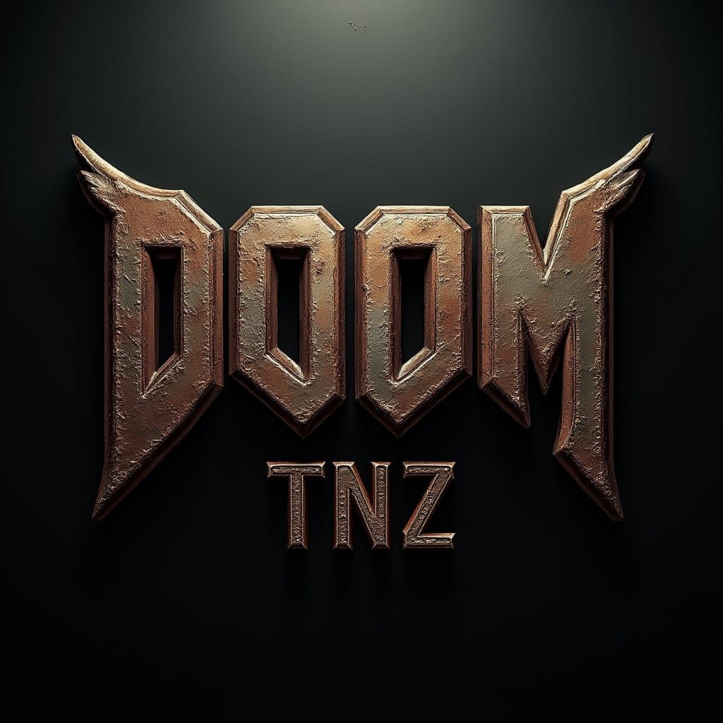 Bold Metallic Doom Emblem in Retro-Futuristic Style