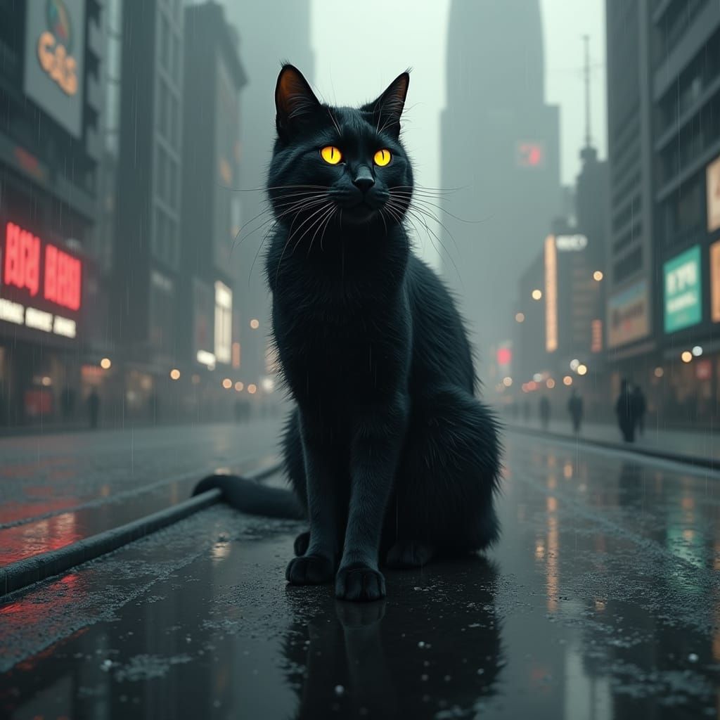 Cyberpunk Black Cat Reigns Over Futuristic Cityscape in Neon...
