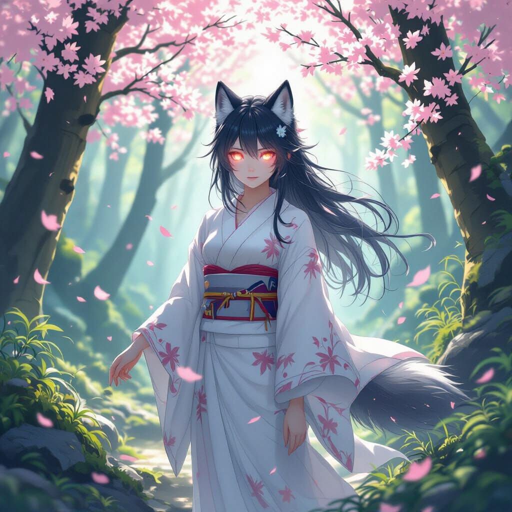Mystical Wolf Girl in Sunlit Forest with Cherry Blossoms