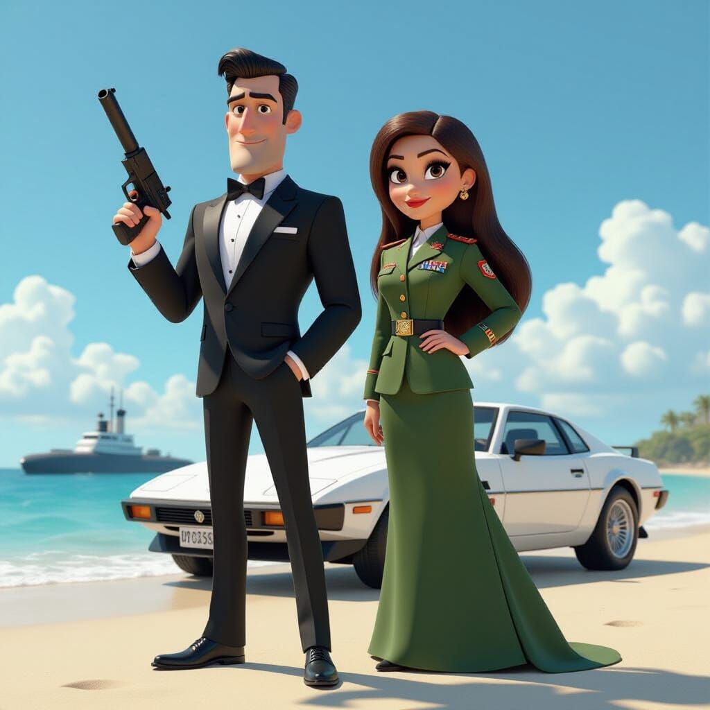 Spy Duo on the Beach in Pixar Style