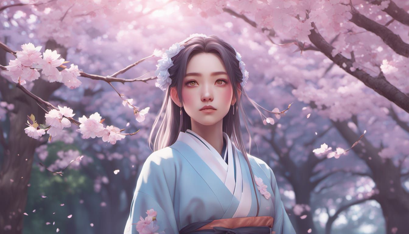 Serene Cherry Blossom Goddess in Japanese Anime Style