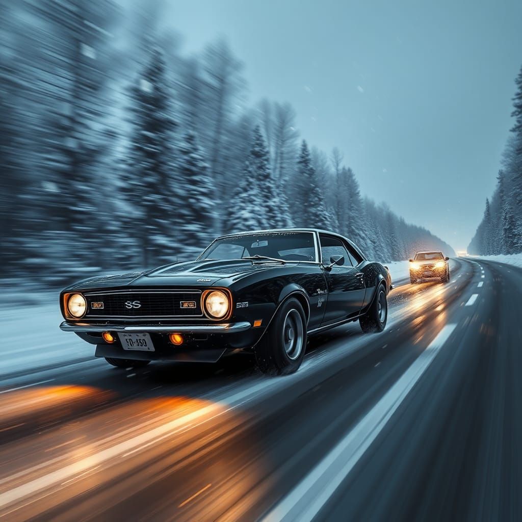 Black 1968 Camaro on Snowy Road in Digital Art Style
